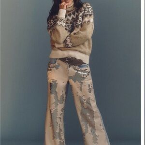 Pilcro by Anthropologie Beige and Silver Sequin Patterned Wide Leg Jeans